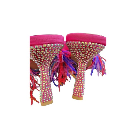 Feather Heels Rhinestone Mules Slides‎ Open Toe Party Shoes - Picture 9 of 10